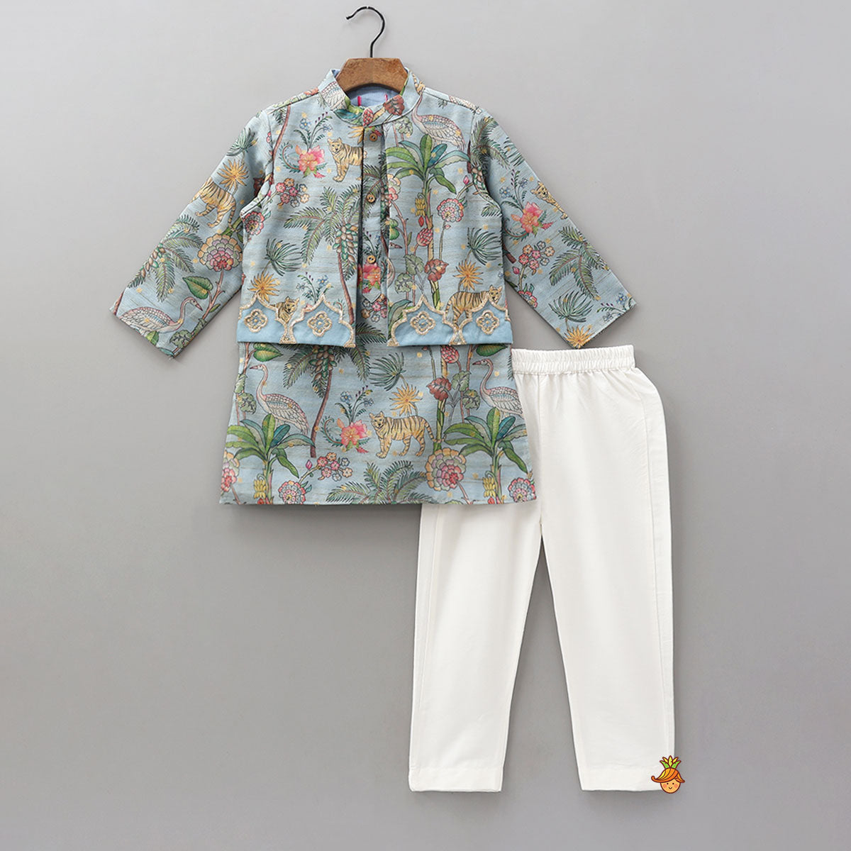 Pre Order: Jungle Printed Jacket Style Kurta With Pyjama