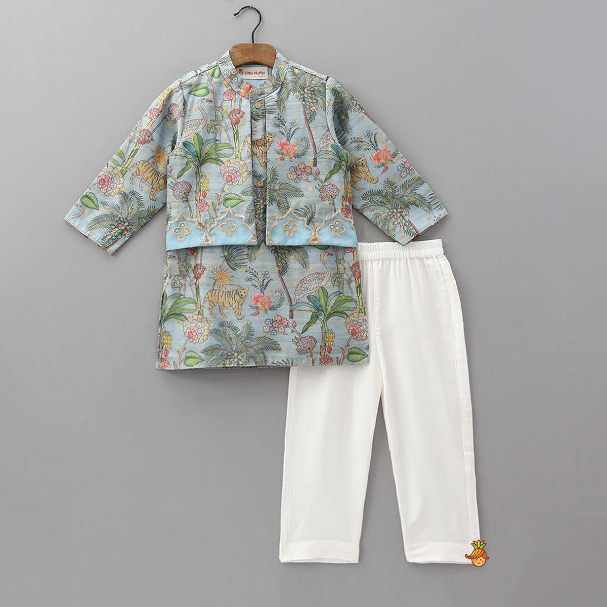 Pre Order: Jungle Printed Jacket Style Kurta With Pyjama