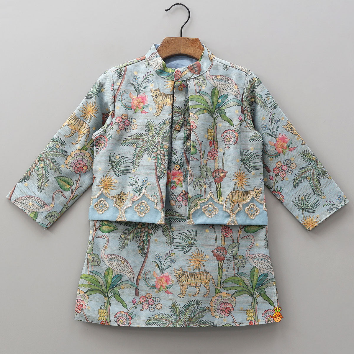 Pre Order: Jungle Printed Jacket Style Kurta With Pyjama