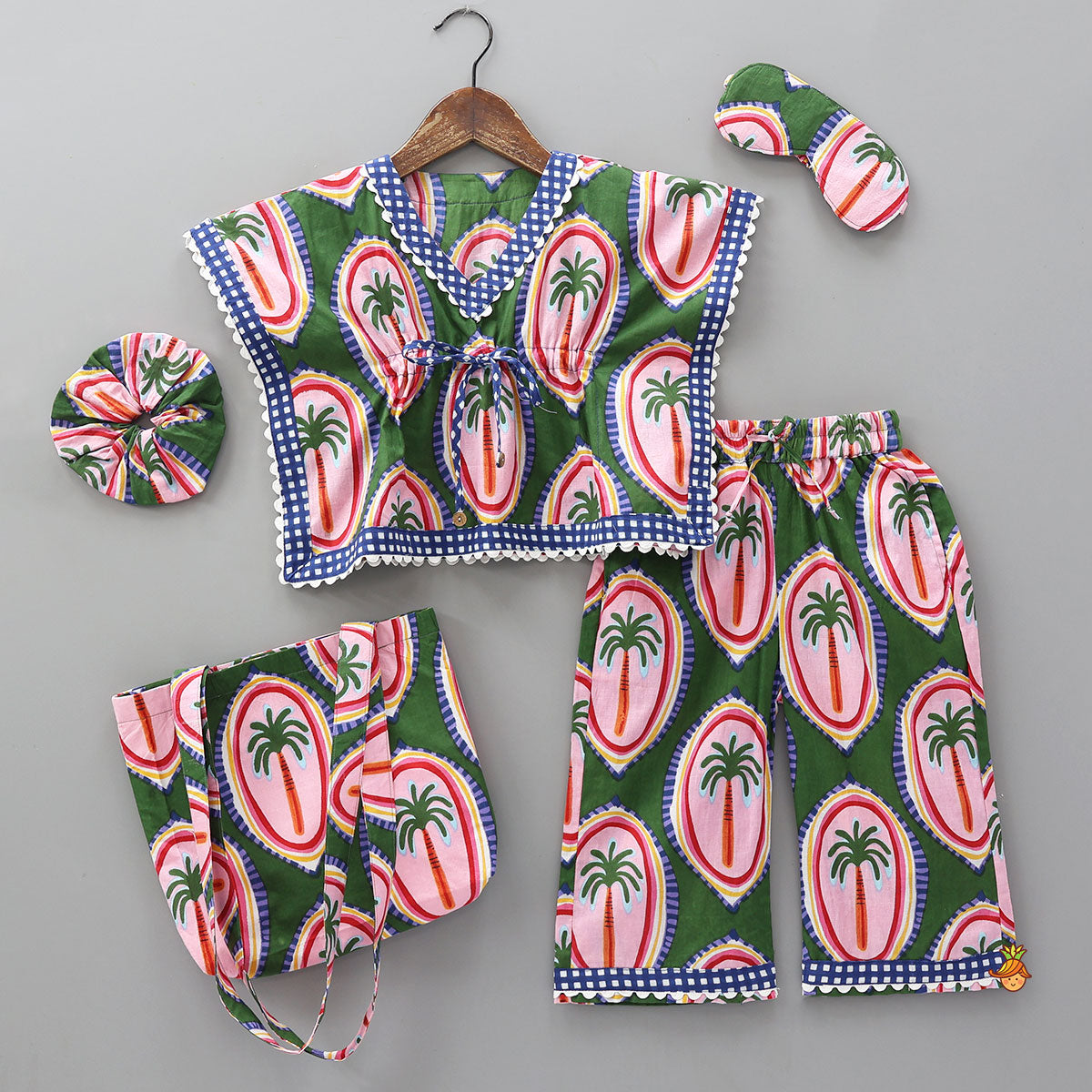 Pre Order: Tropical Tree Print Kaftan And Pyjama With Matching Tote Bag, Eye Mask And Scrunchie