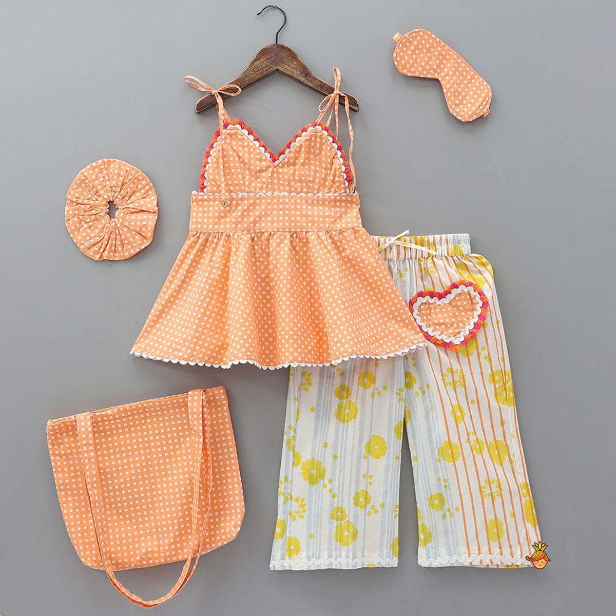 Pre Order: Hand Block Printed Cute Sleepwear With Tote, Scrunchie And Eye Mask