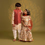 Printed Kurta With Asymmetric Jacket And Churidar twinning model image 3