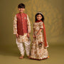 Printed Kurta With Asymmetric Jacket And Churidar twinning model image 4