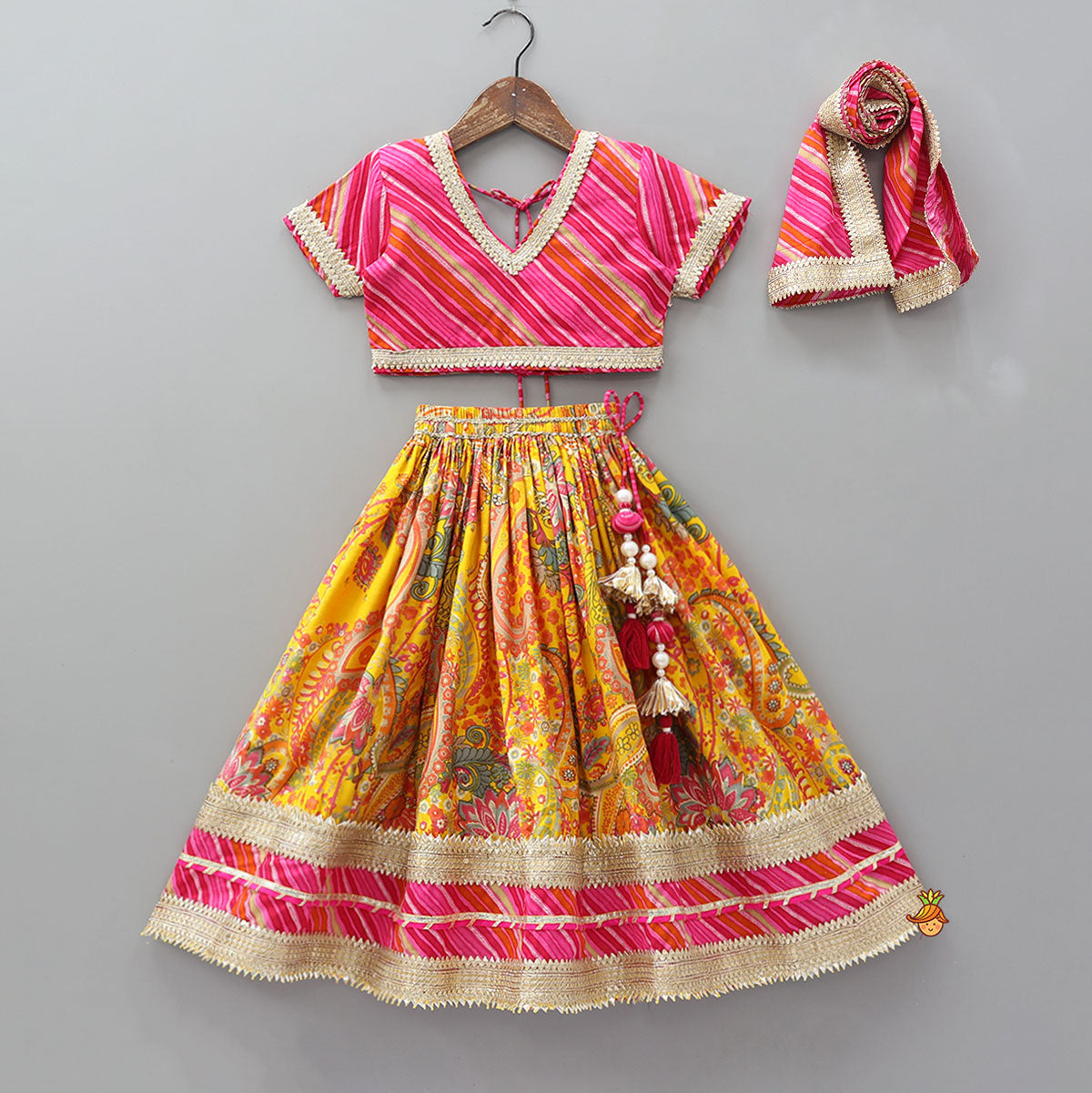 Vibrant Paisley Printed Lehenga and Leheriya Printed Top With Dupatta