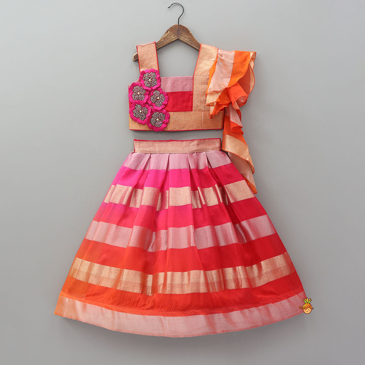 Pre Order: Floral Applique And Shimmery Striped Crop Top With Lehenga