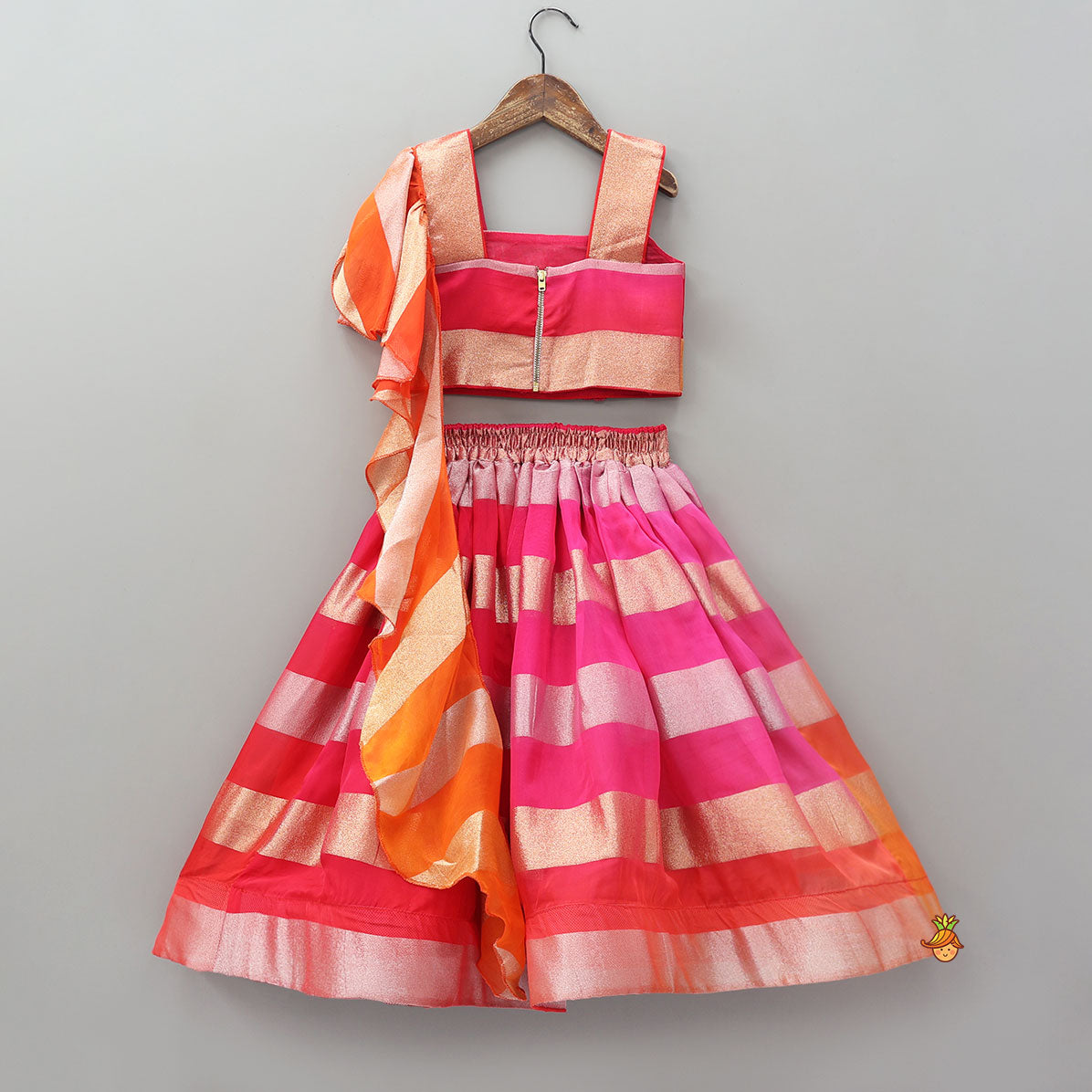 Pre Order: Floral Applique And Shimmery Striped Crop Top With Lehenga