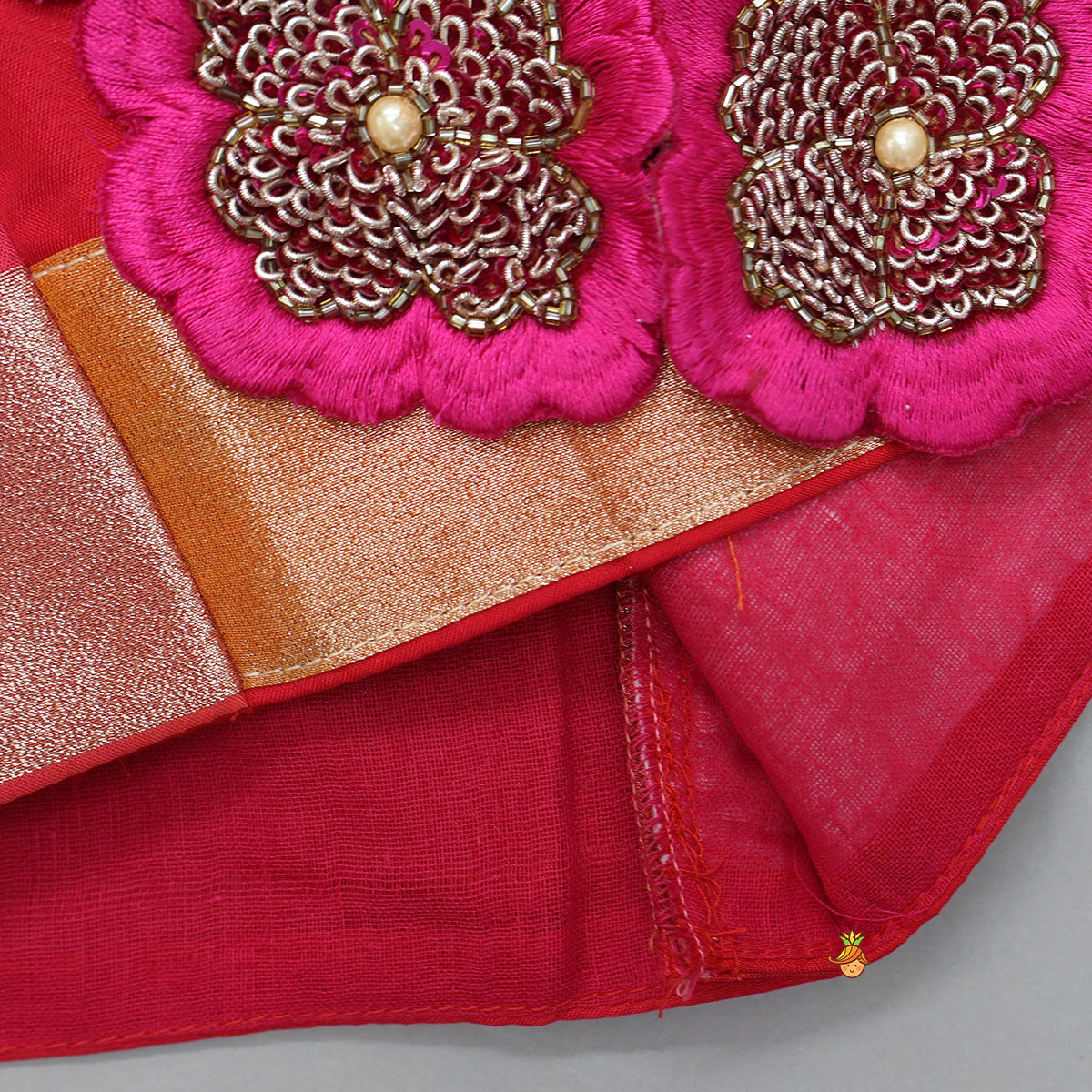 Pre Order: Floral Applique And Shimmery Striped Crop Top With Lehenga