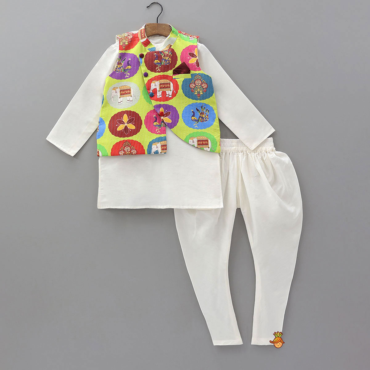 Pre Order: Kurta With Ethnic Printed Thread Work Jacket And Churidar