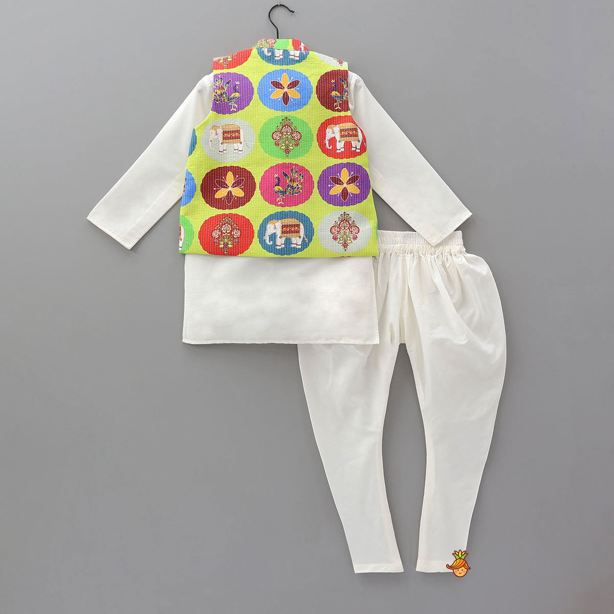 Pre Order: Kurta With Ethnic Printed Thread Work Jacket And Churidar