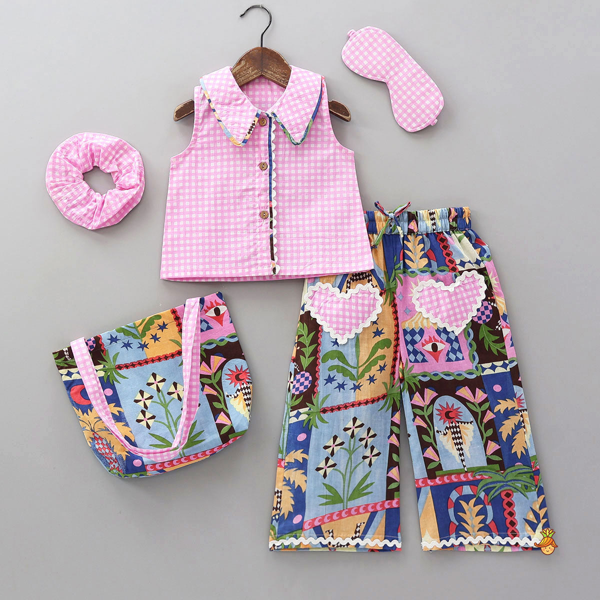 Pre Order: Whimsical Printed Sleepwear Set With Tote Bag, Eye Mask And Scrunchie