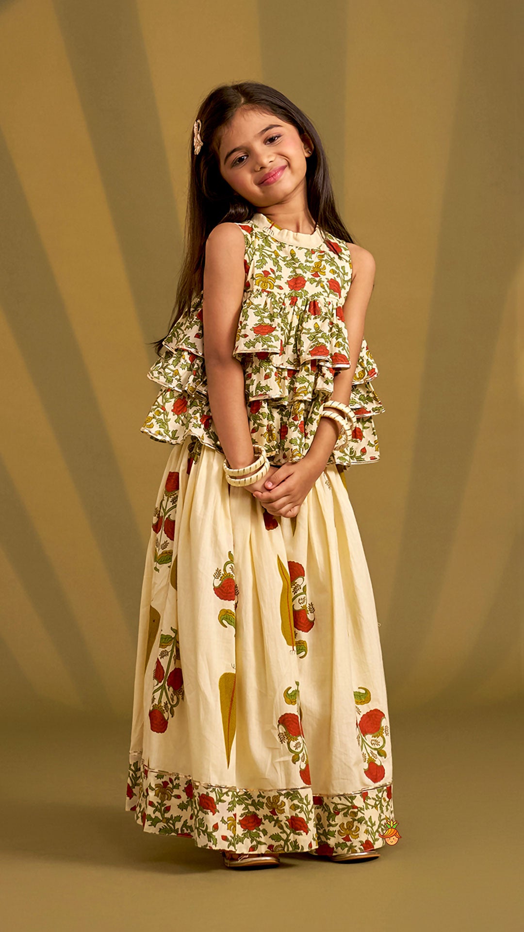 Pre Order: Triple Layered Printed Top And Lehenga