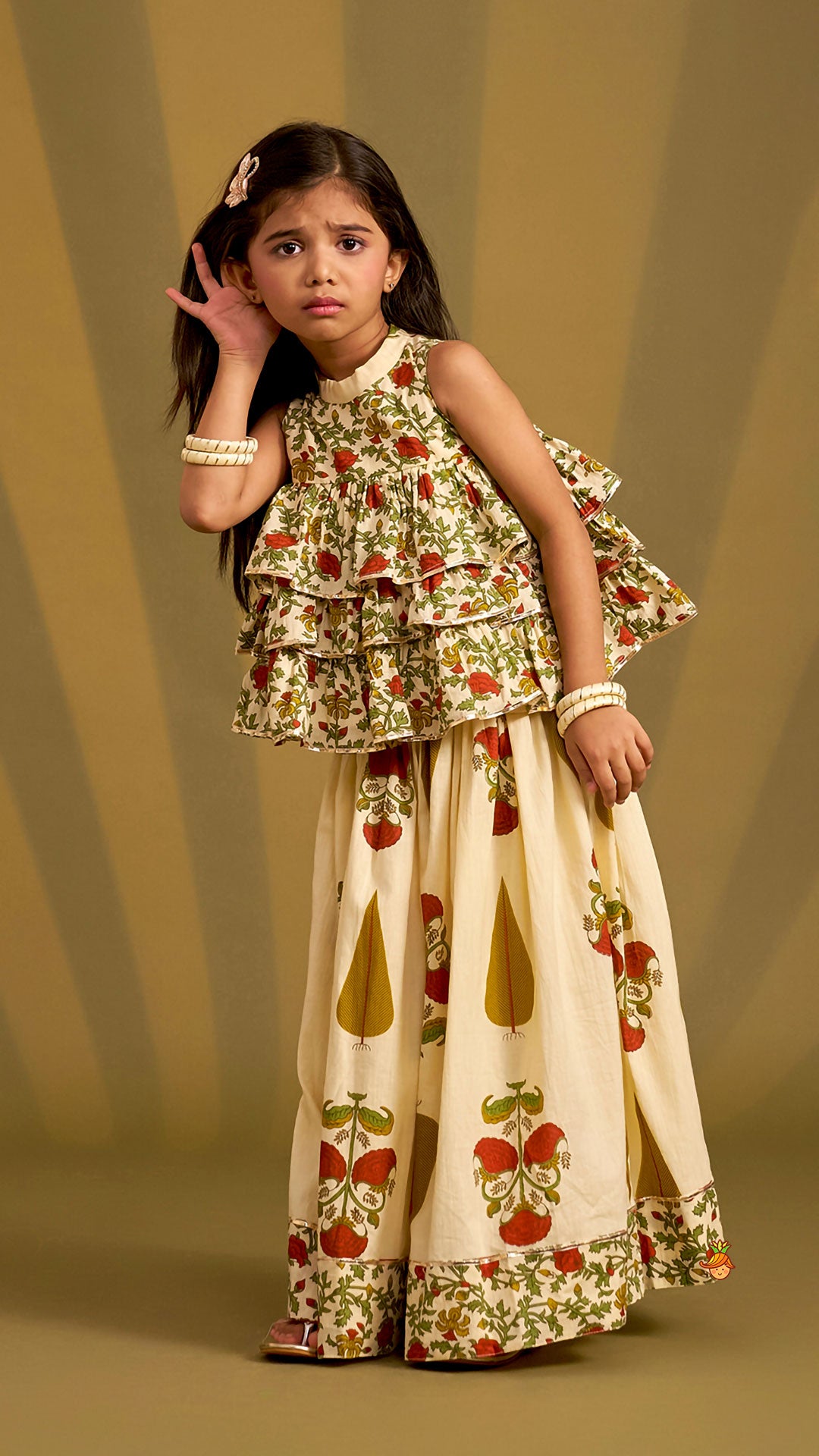 Pre Order: Triple Layered Printed Top And Lehenga