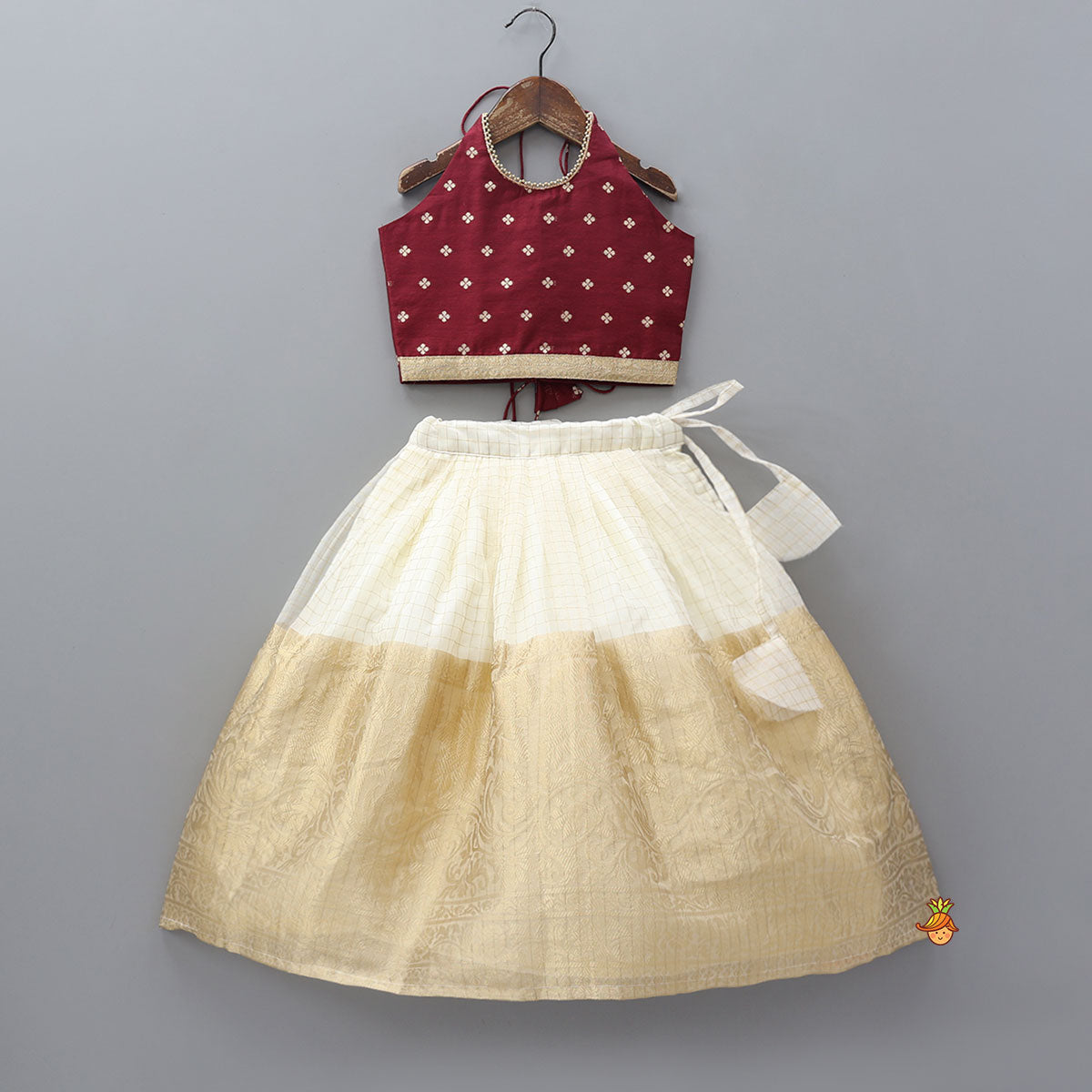 Pre Order: Floral Motif Embellished Halter Neck Crop Top With Organza Lehenga