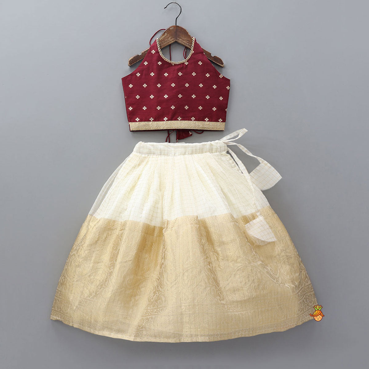 Pre Order: Floral Motif Embellished Halter Neck Crop Top With Organza Lehenga