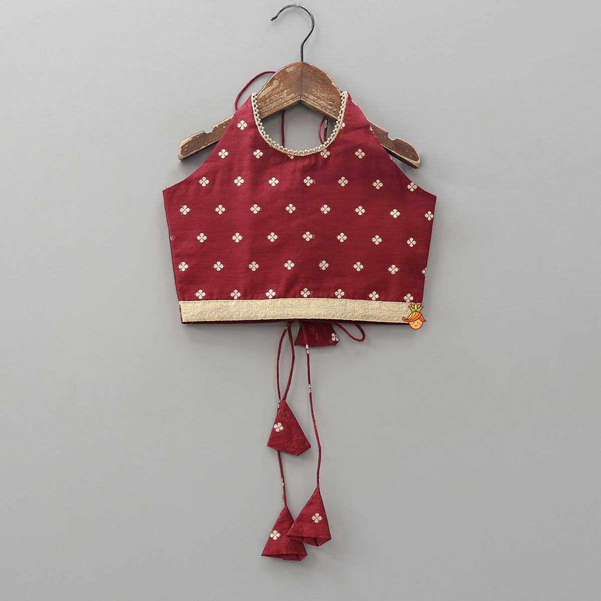 Pre Order: Floral Motif Embellished Halter Neck Crop Top With Organza Lehenga