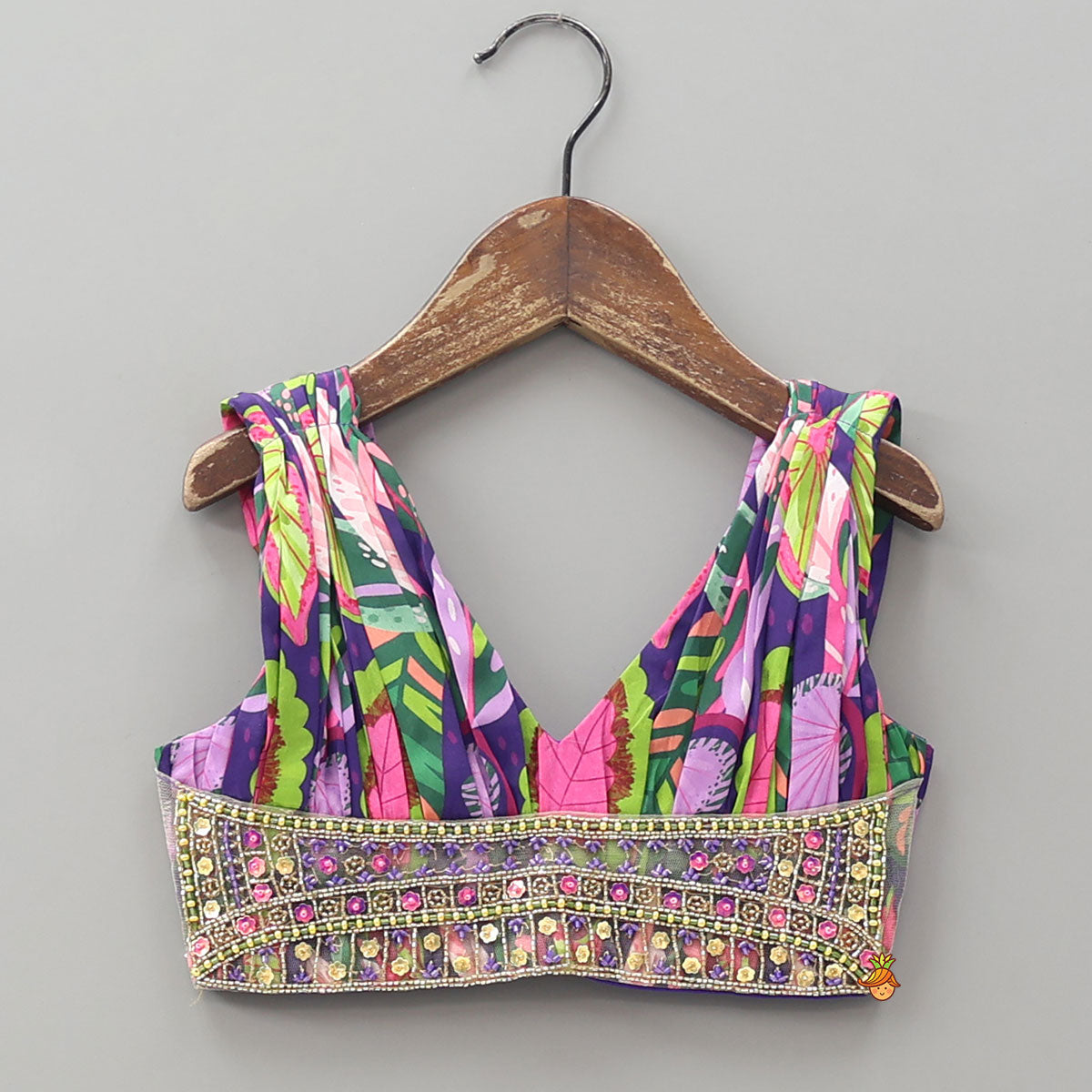 Pre Order: Digital Printed Hand Pleated Crop Top And Lehenga
