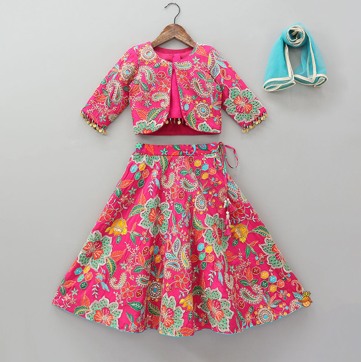 Pre Order: Top With Heavy Embroidered Jacket And Lehenga With Contrasting Dupatta