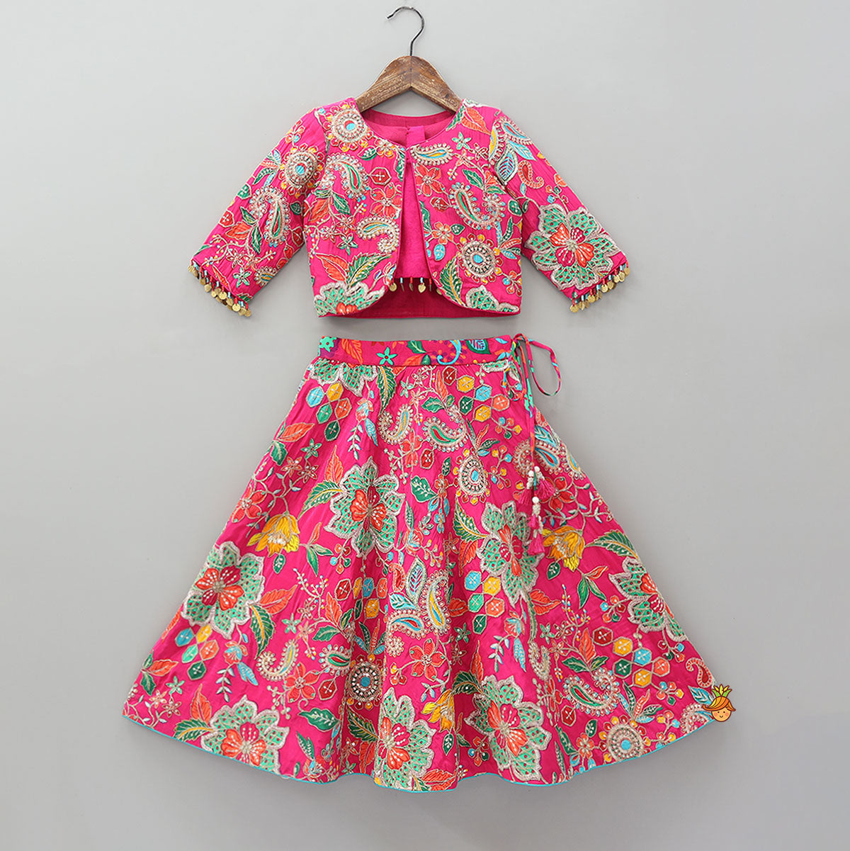 Pre Order: Top With Heavy Embroidered Jacket And Lehenga With Contrasting Dupatta