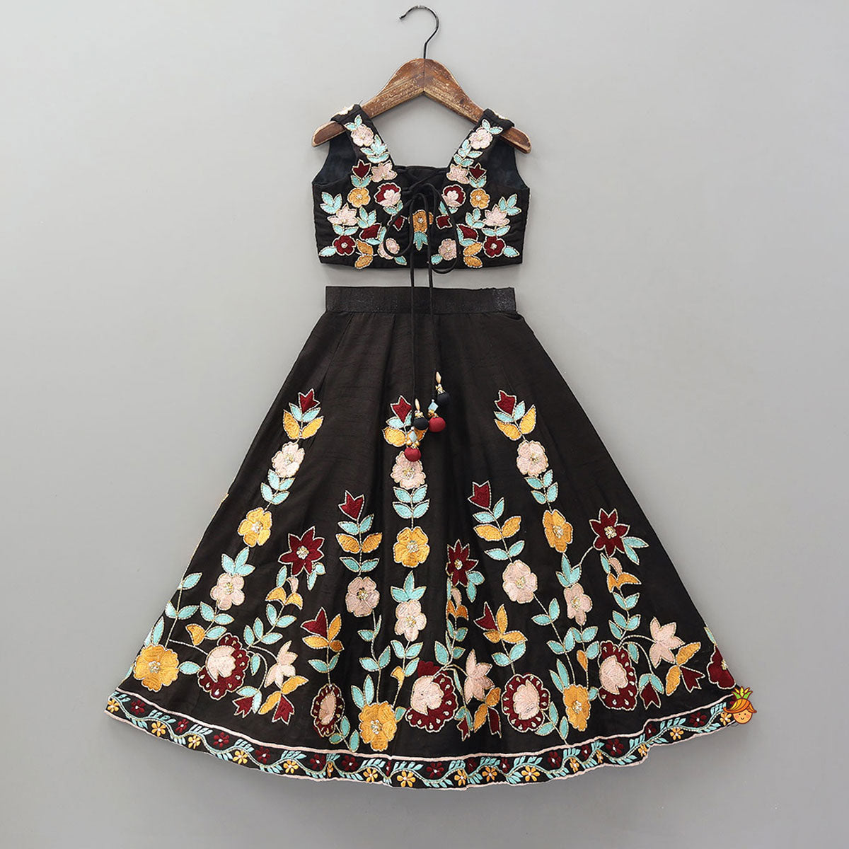 Pre Order: Exquisite Floral Embroidered Embellished Crop Top With Lehenga