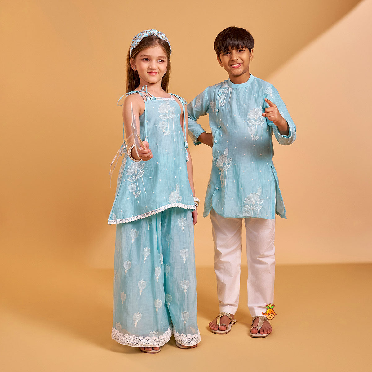 Floral Thread Embroidered Tie-Up Strap Kurti With Palazzo twinning model image 1