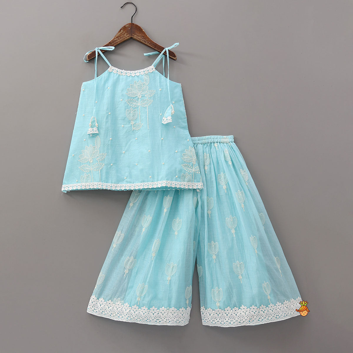 Pre Order: Floral Thread Embroidered Tie-Up Strap Kurti With Palazzo