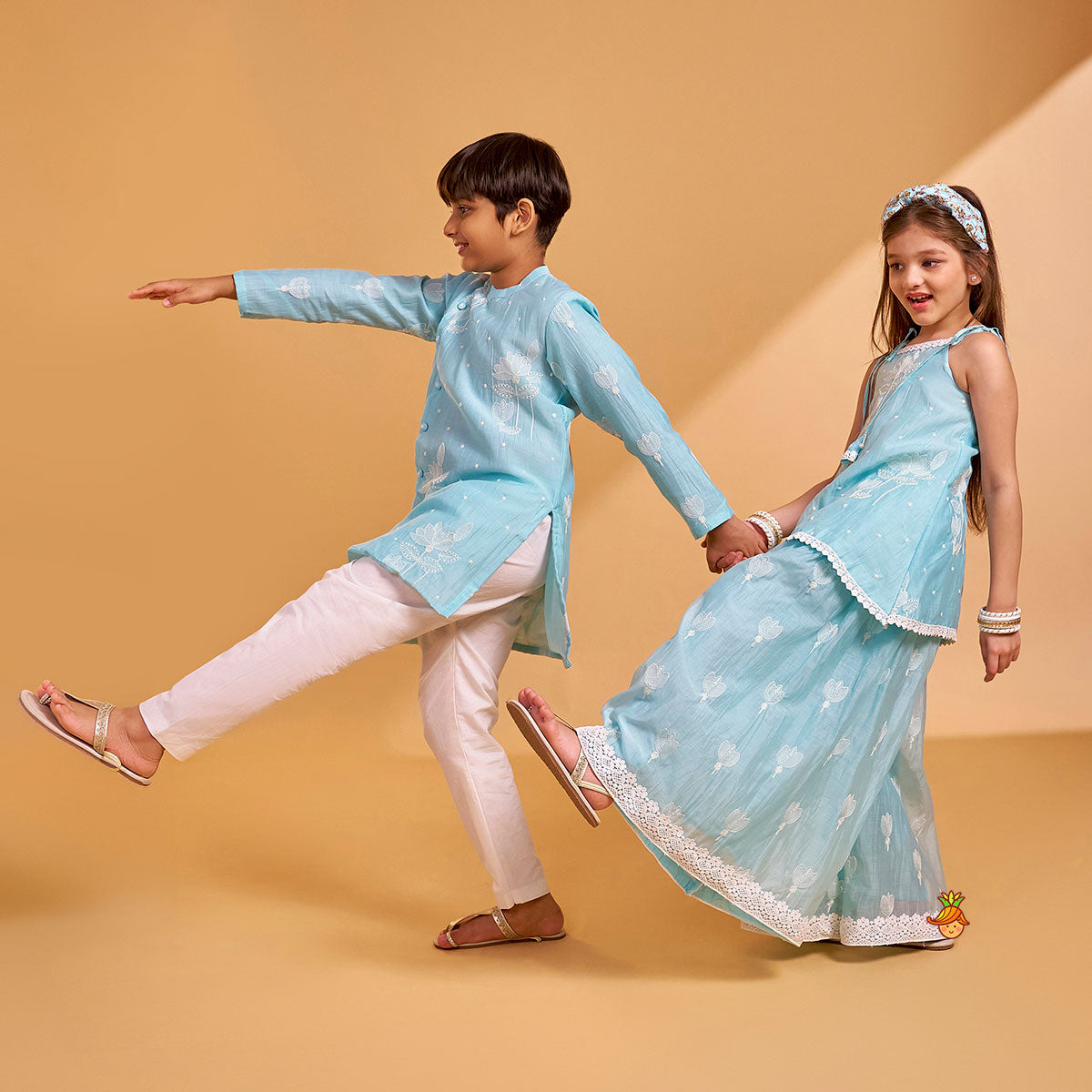 Floral Thread Embroidered Tie-Up Strap Kurti With Palazzo twinning model image 2