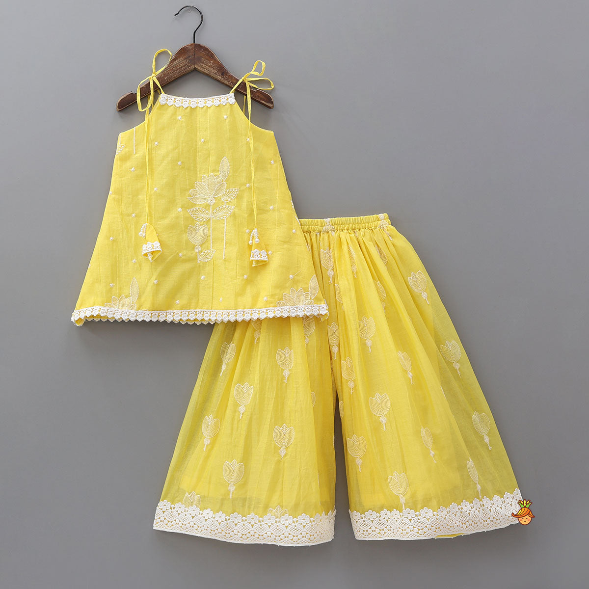 Pre Order: Thread Embroidered Tie-Up Strap Kurti And Palazzo