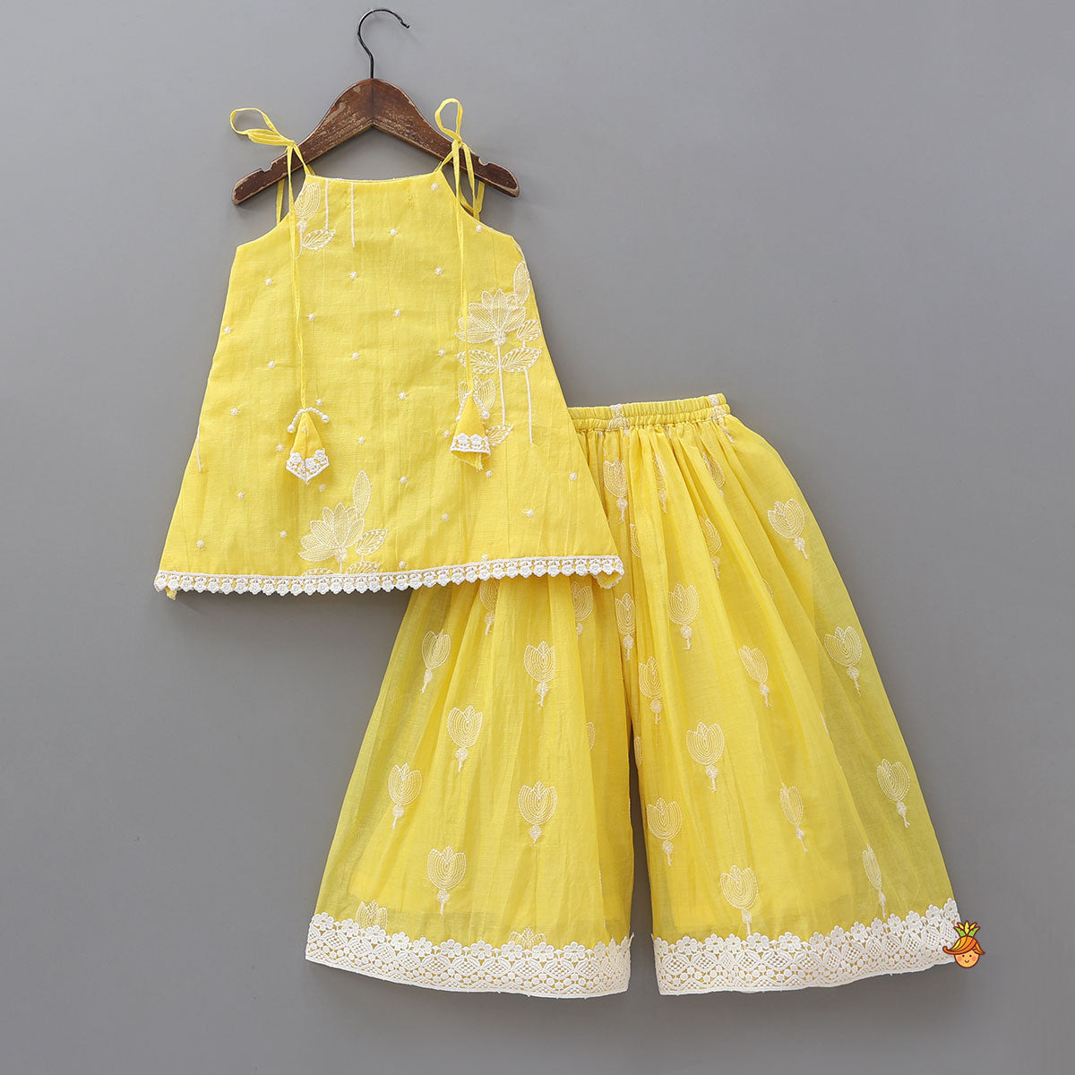 Pre Order: Thread Embroidered Tie-Up Strap Kurti And Palazzo