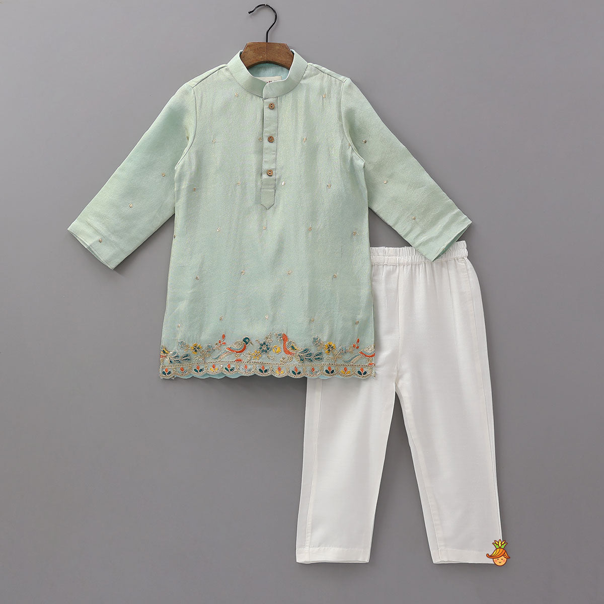 Pre Order: Vibrant Birds Embroidered Buti Detailed Kurta With Pyjama