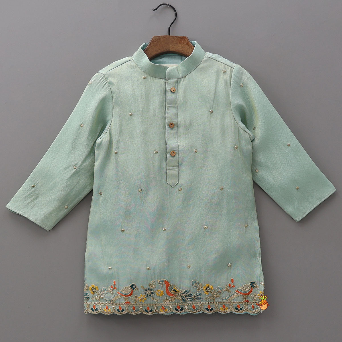 Pre Order: Vibrant Birds Embroidered Buti Detailed Kurta With Pyjama