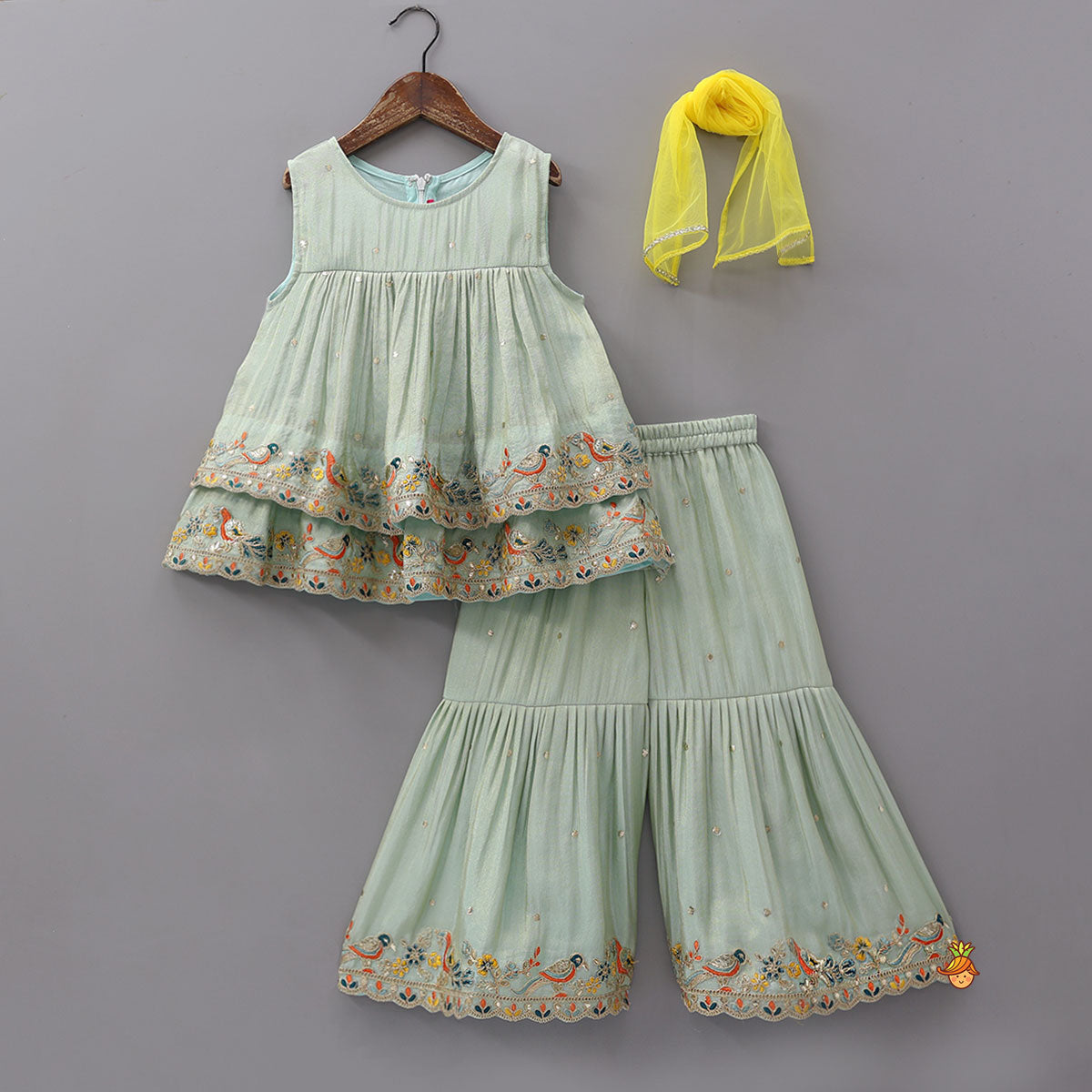 Pre Order: Layered Shimmery Kurti And Sharara With Contrasting Dupatta