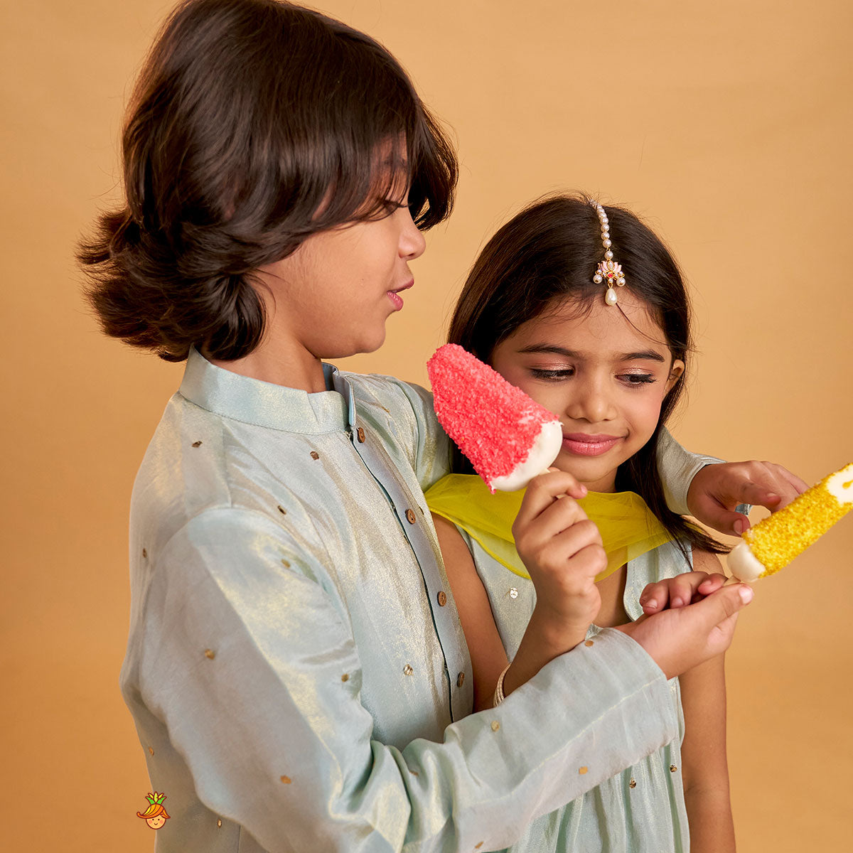 Layered Shimmery Kurti And Sharara With Contrasting Dupatta twinning model image 2