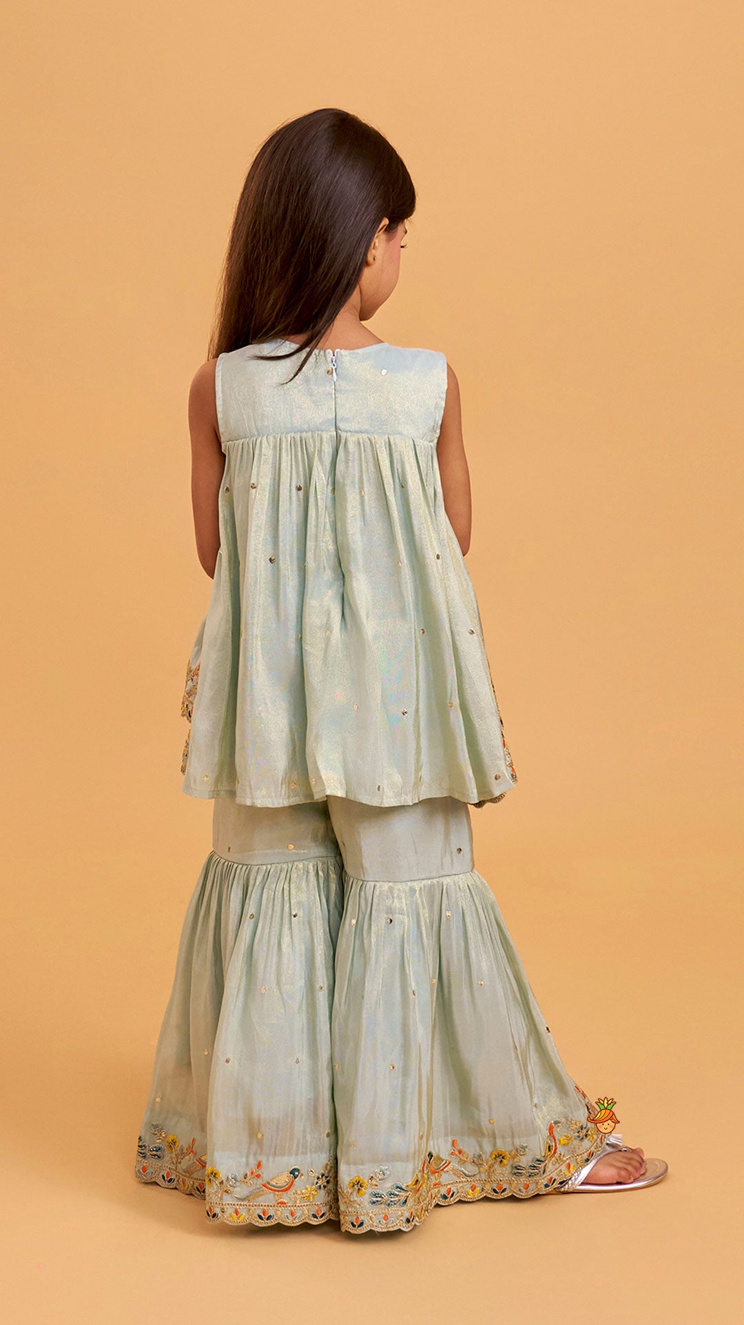 Pre Order: Layered Shimmery Kurti And Sharara With Contrasting Dupatta