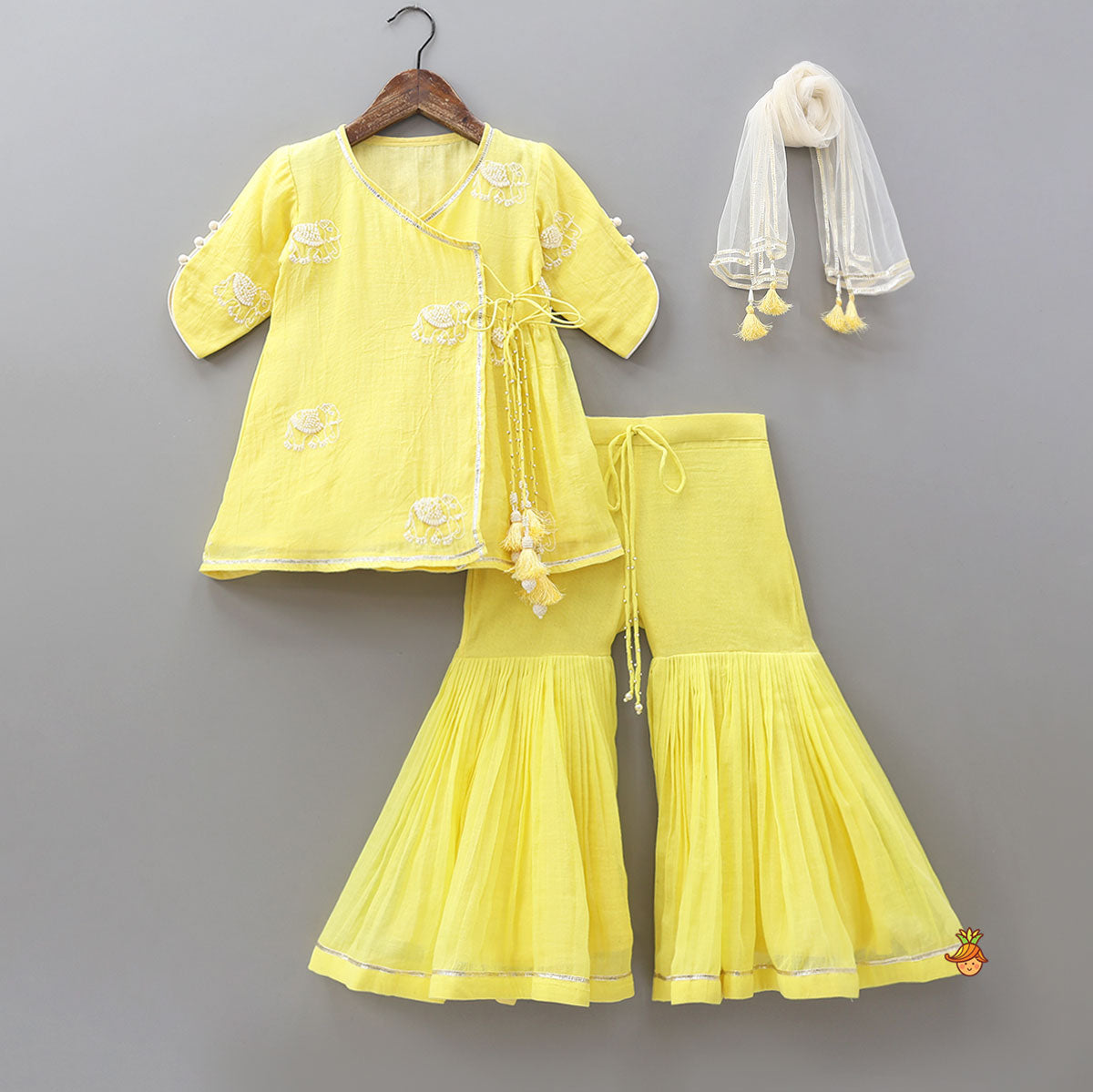 Angarkha Style Kurti And Sharara With Net Dupatta