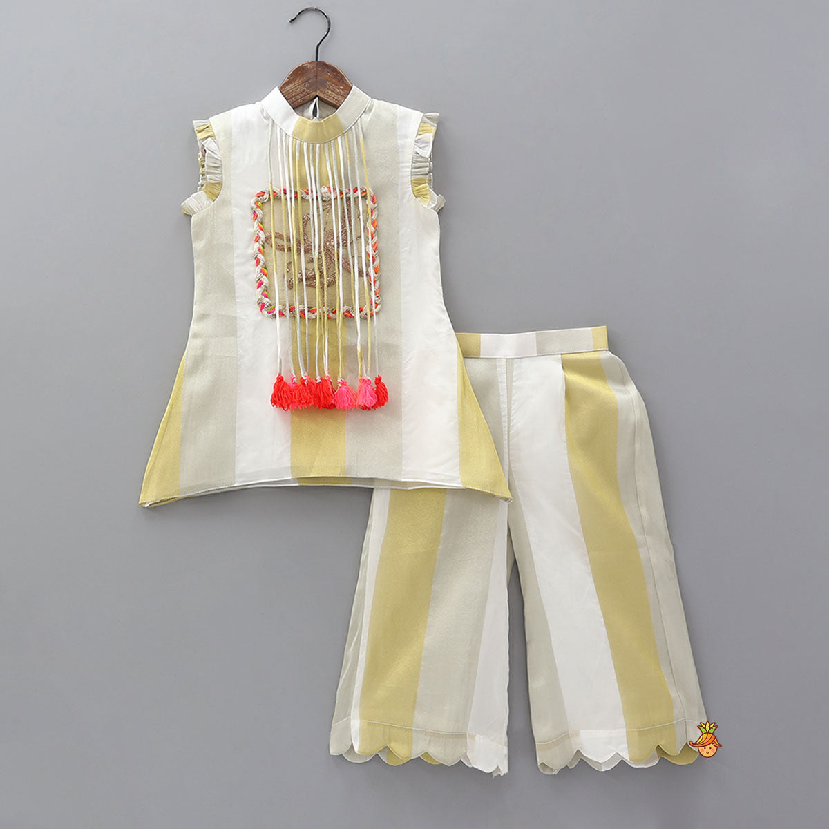 Pre Order: Tassels And Embroidered Patchwork Detailed Striped Top And Palazzo