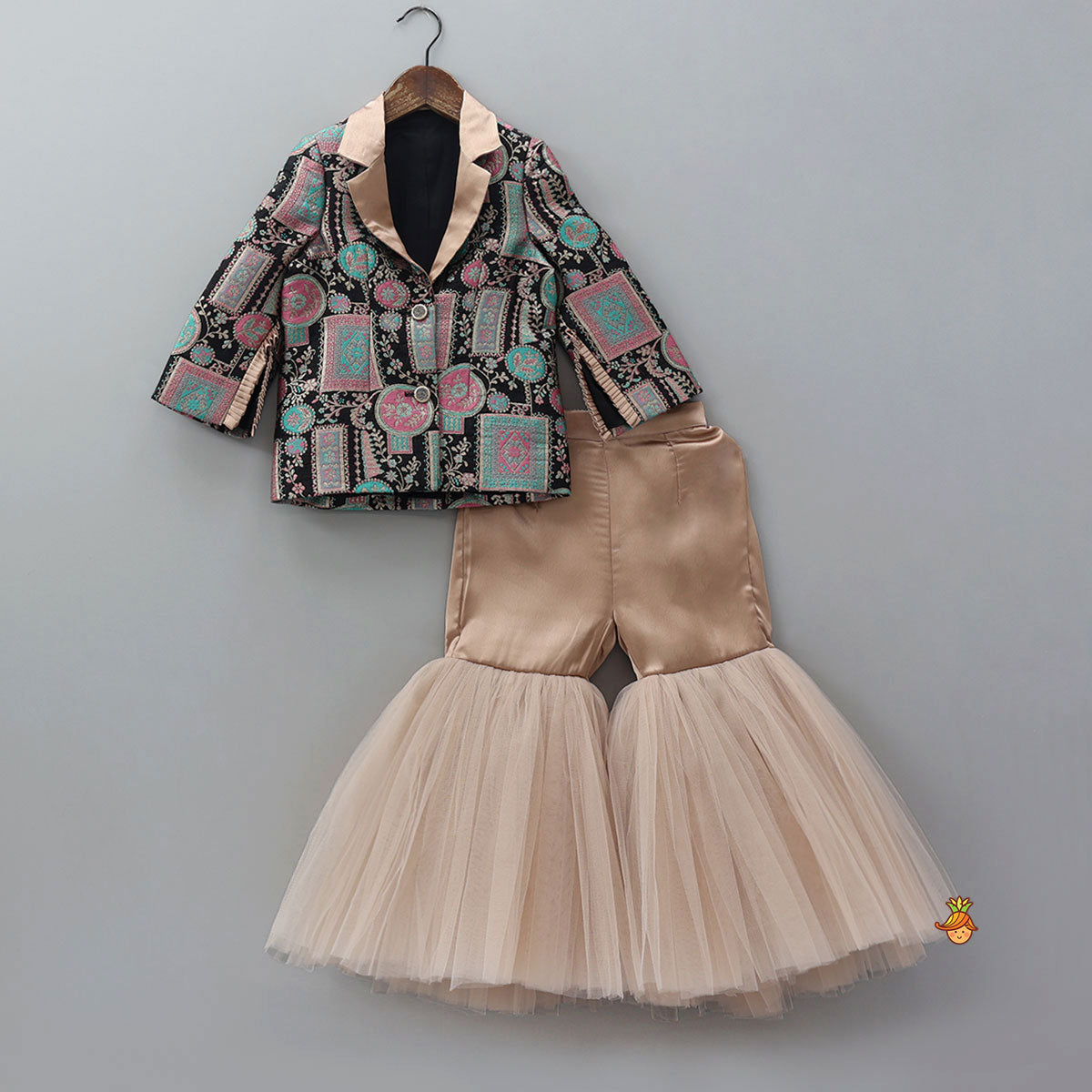 Pre Order: Noted Collar Jacket Style Top And Net Sharara