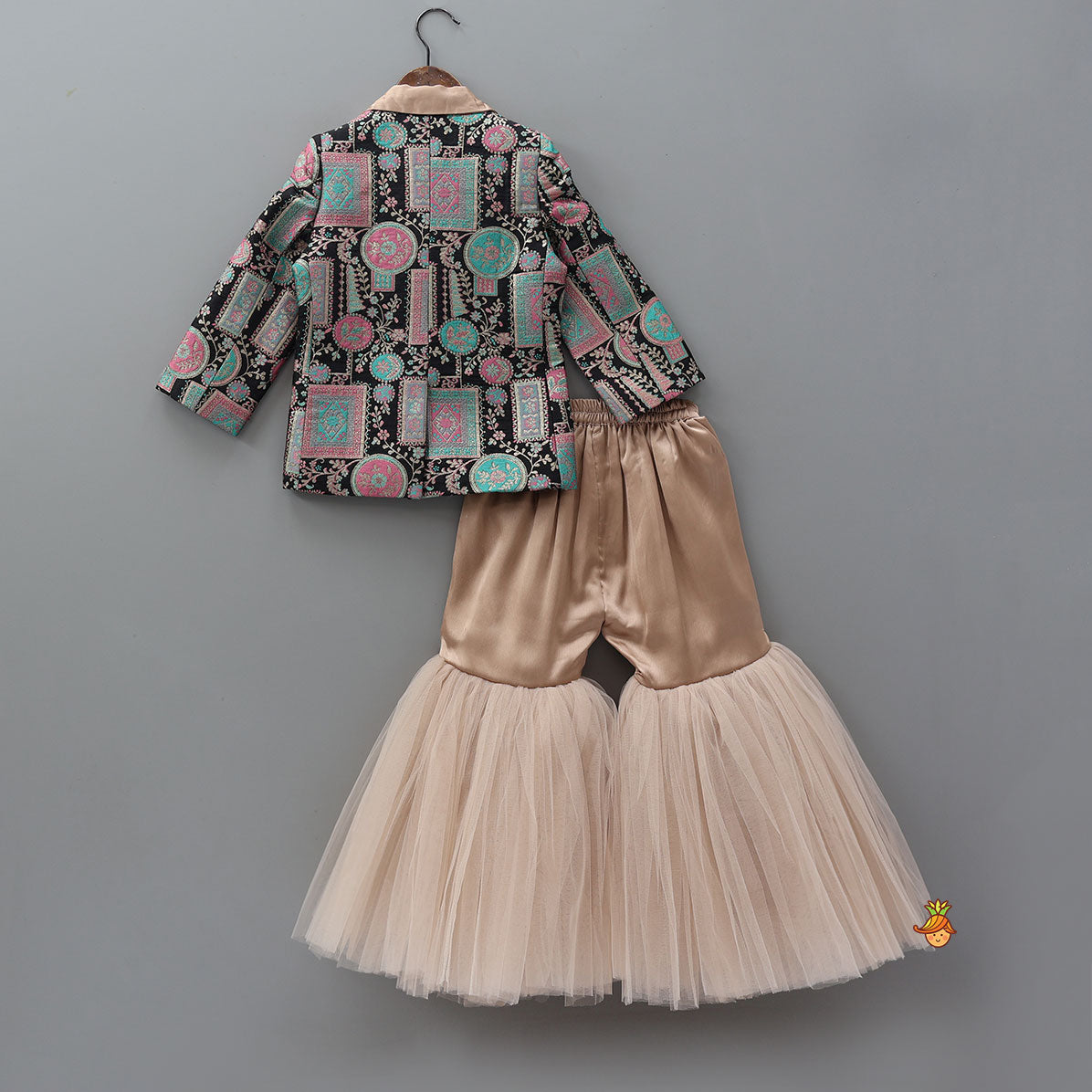 Pre Order: Noted Collar Jacket Style Top And Net Sharara