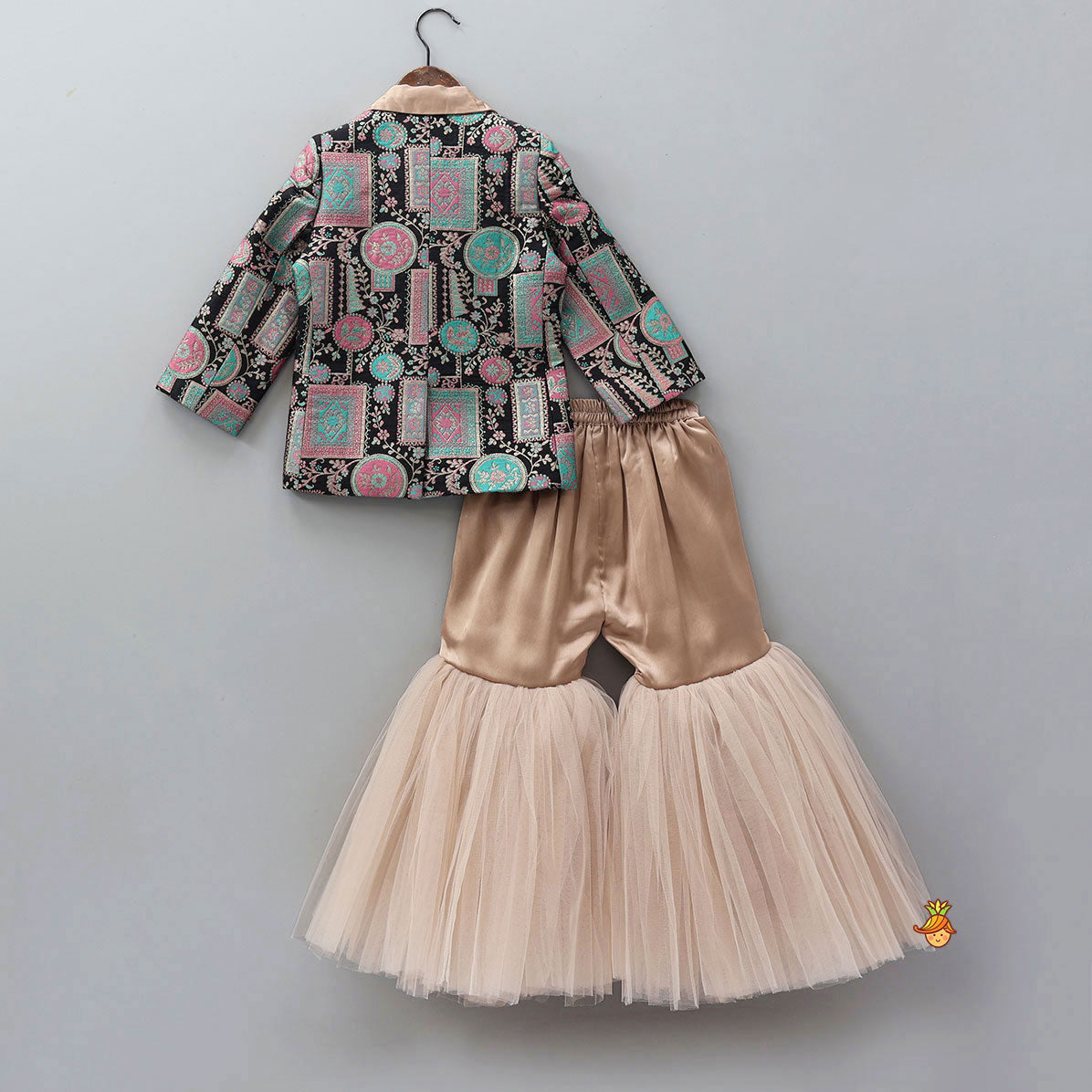 Pre Order: Noted Collar Jacket Style Top And Net Sharara