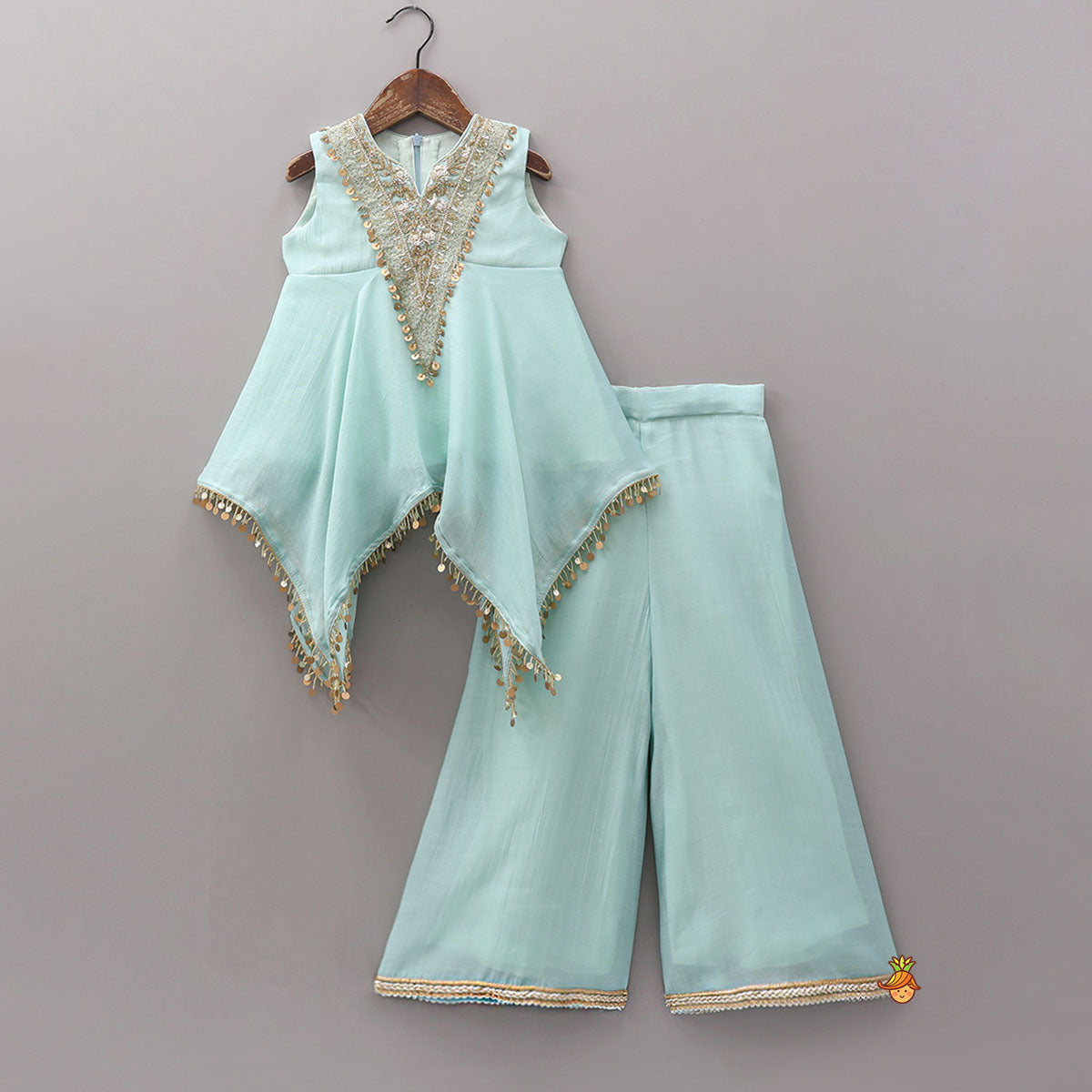 Pre Order: Stylish Embroidered Kaftan Style Kurti With Flared Palazzo