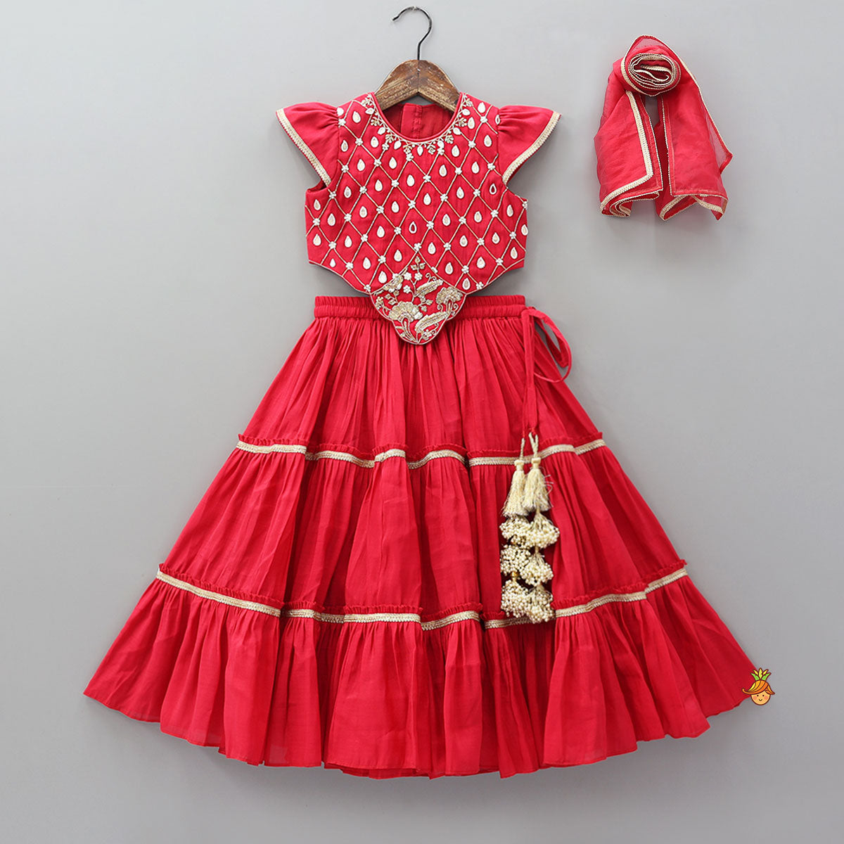 Pre Order: Check Embroidered Crop Top And Tiered Lehenga With Matching Dupatta