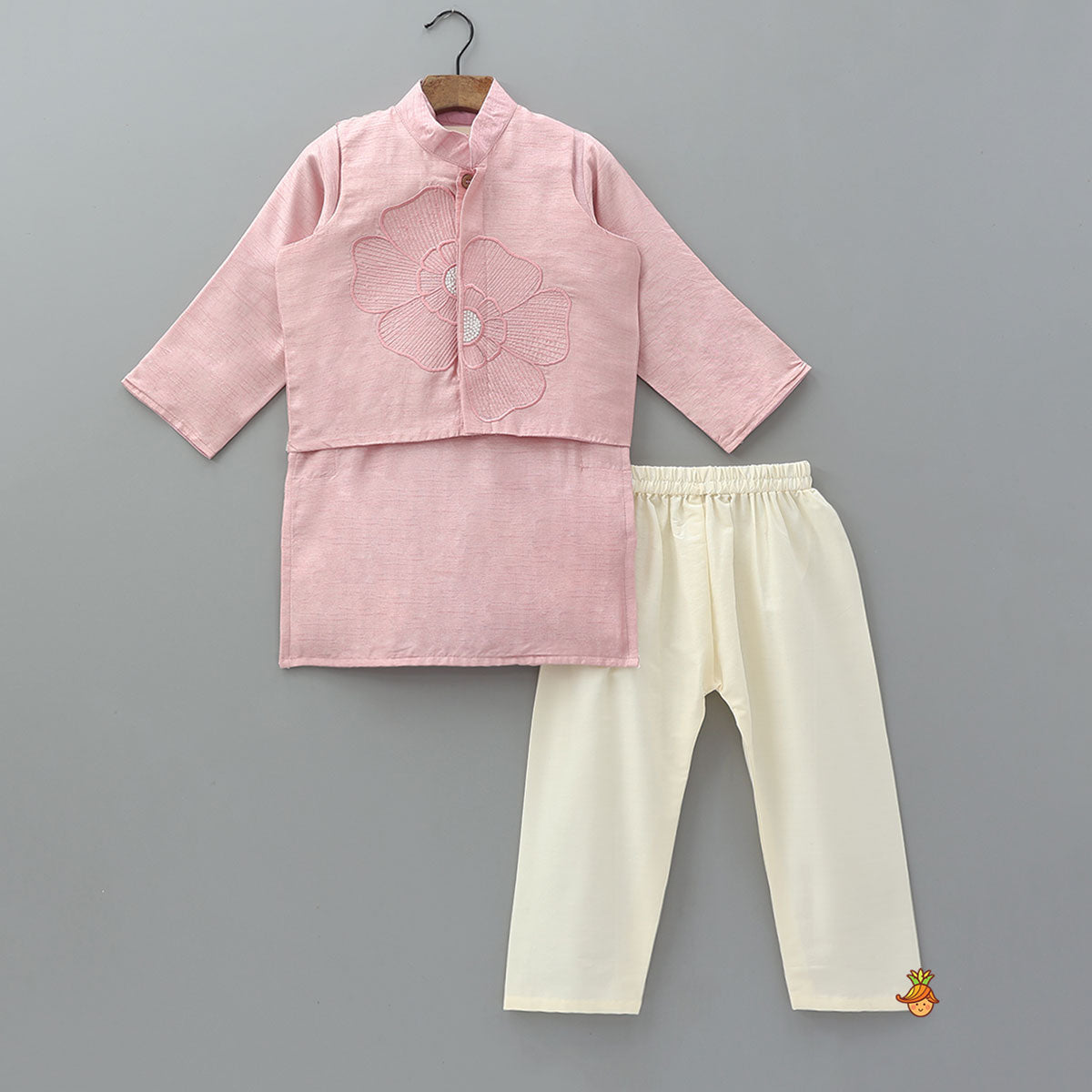 Pre Order: Elegant Silk Kurta With Floral Thread Embroidered Jacket And Pyjama