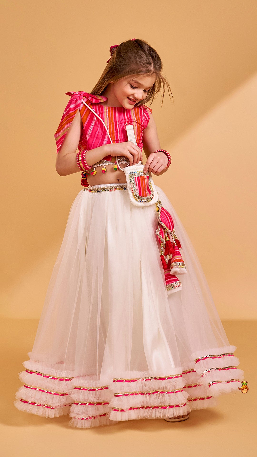 Crop Top And Ruffle Hem Lehenga With Net Dupatta And Sling Bag