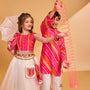 Crop Top And Ruffle Hem Lehenga With Net Dupatta And Sling Bag twinning model image 3