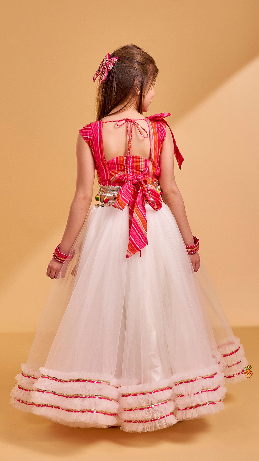 Crop Top And Ruffle Hem Lehenga With Net Dupatta And Sling Bag