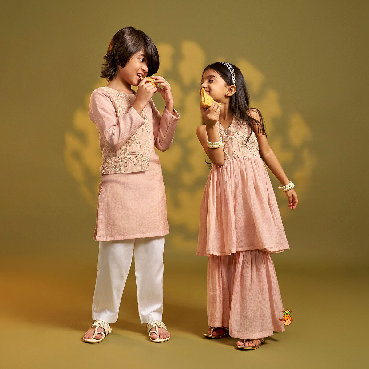 Asymmetrical Cord Embroidered Kurta with Pyjama twinning model image 1