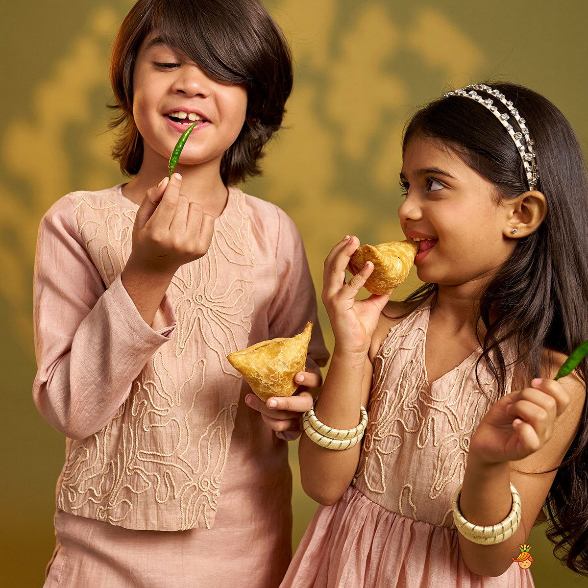Asymmetrical Cord Embroidered Kurta with Pyjama twinning model image 3