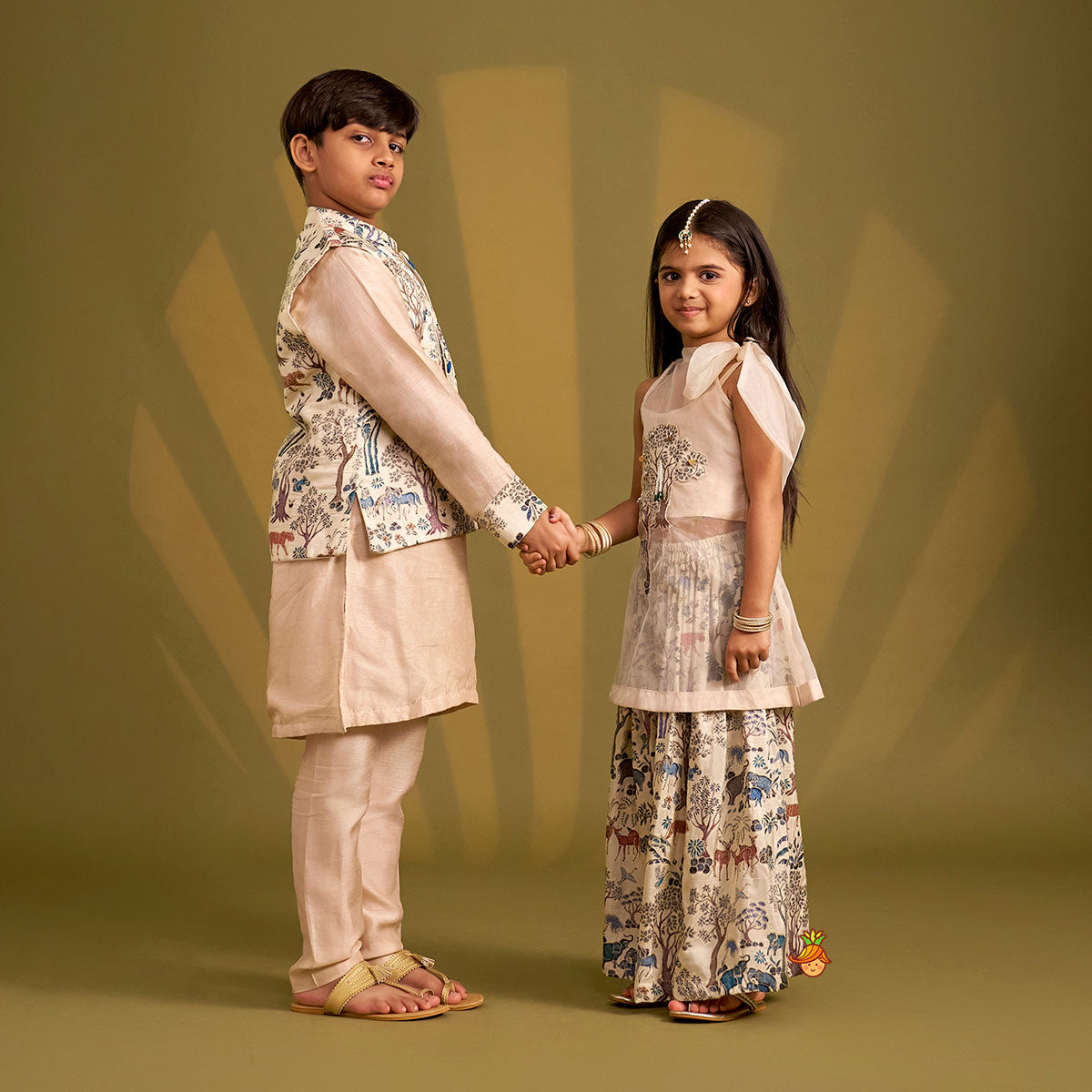 Ethnic Kurta With Animal Motif Jacket And Pyjama twinning model image 1