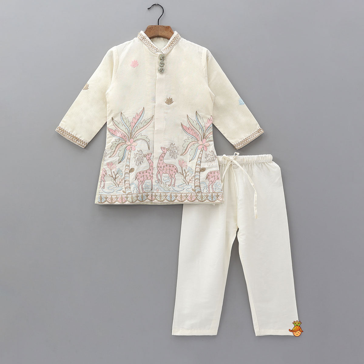 Pre Order: Jungle Inspired Embroidered Open Kurta And Pyjama