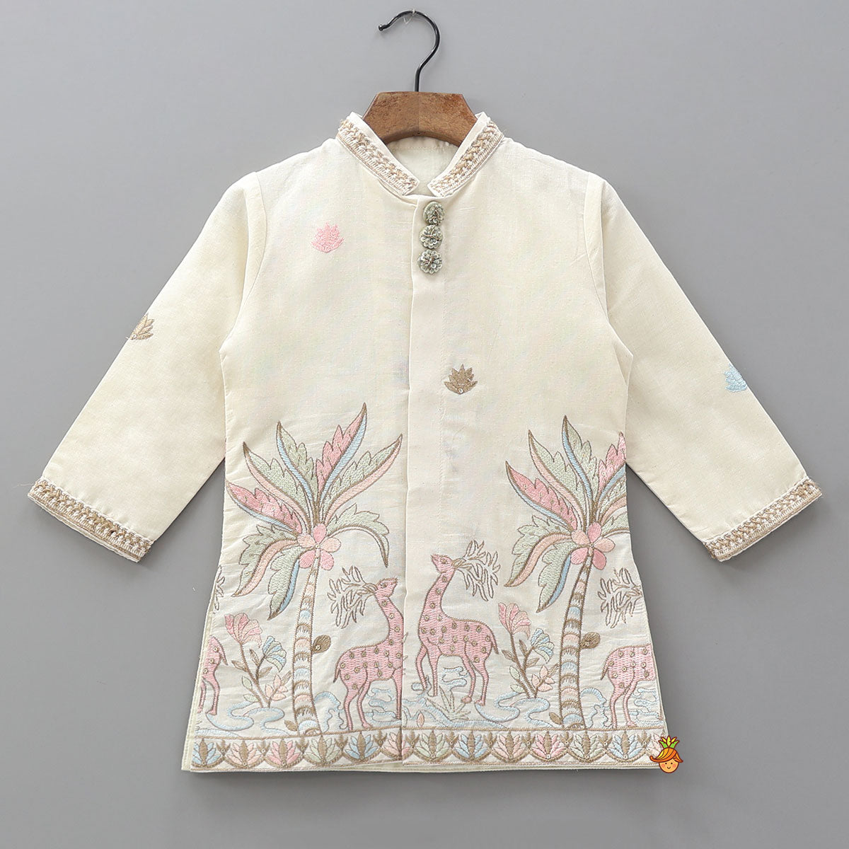 Pre Order: Jungle Inspired Embroidered Open Kurta And Pyjama