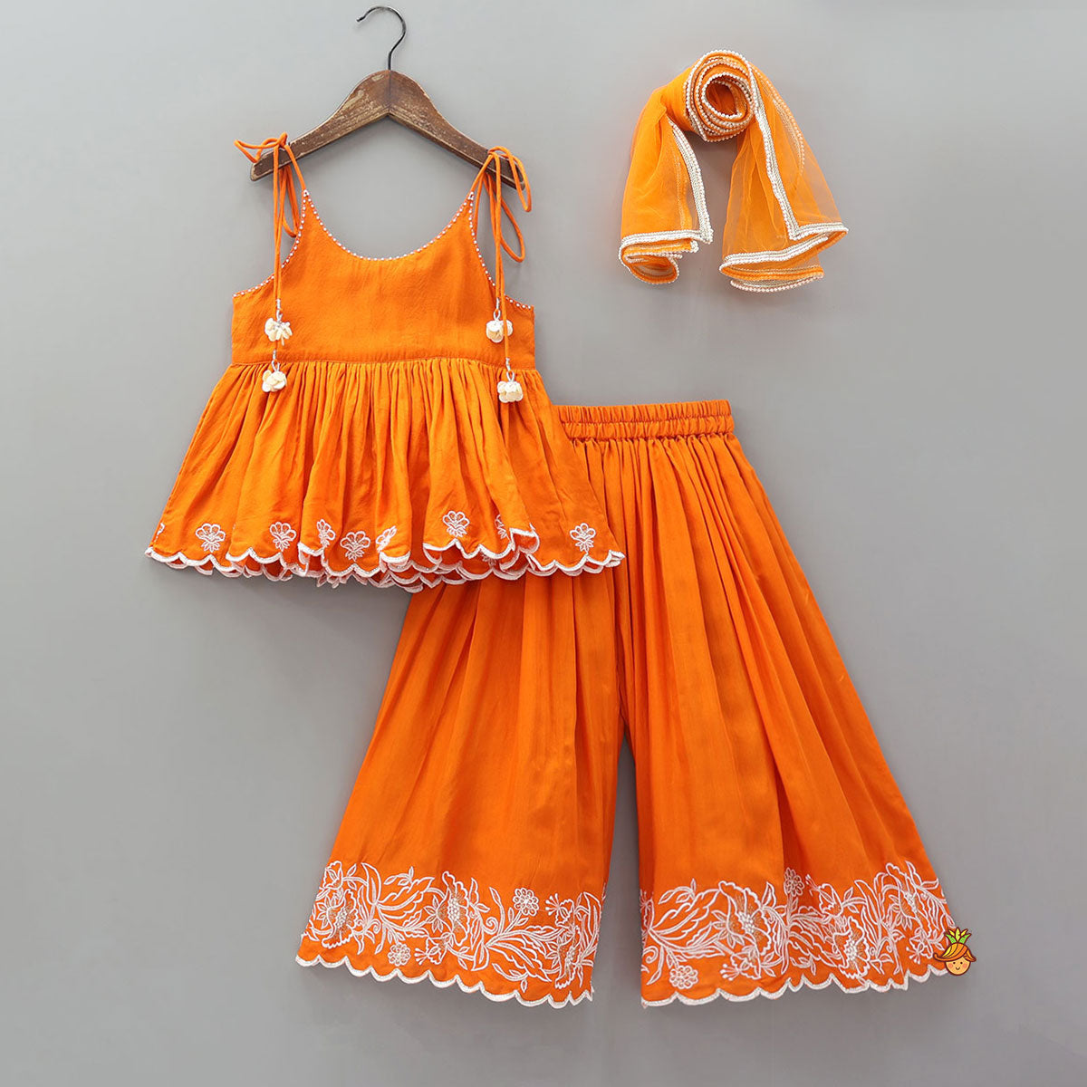 Pre Order: Thread Embroidered Scalloped Top And Palazzo With Dupatta